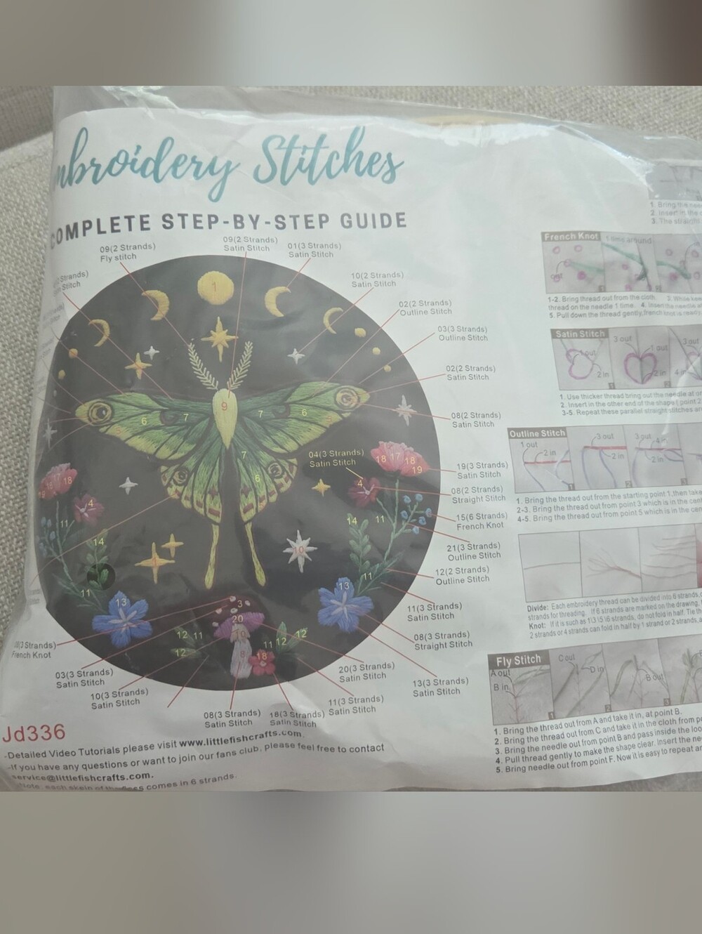 Embroidered Moth Bag Art Kit — Black with Green, Gold & Floral Accents